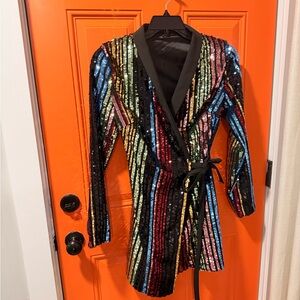 Raga Charlize Rainbow Multicolor Sequin Blazer Wrap Mini Dress
